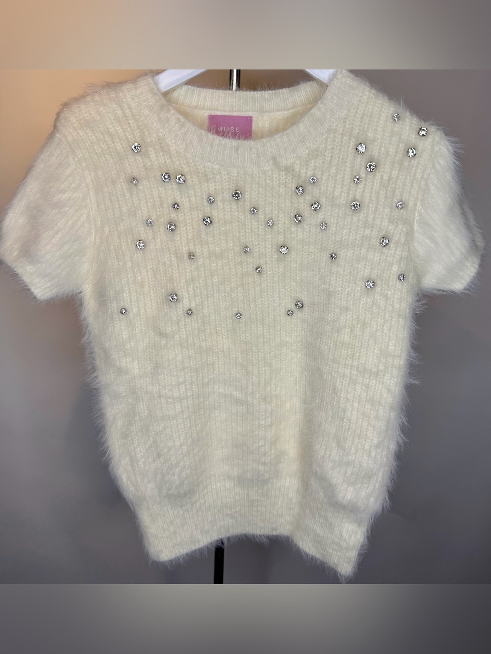 MUSE Ivory Fuzzy Rhinestone Crystal Short Sleeve Sweater